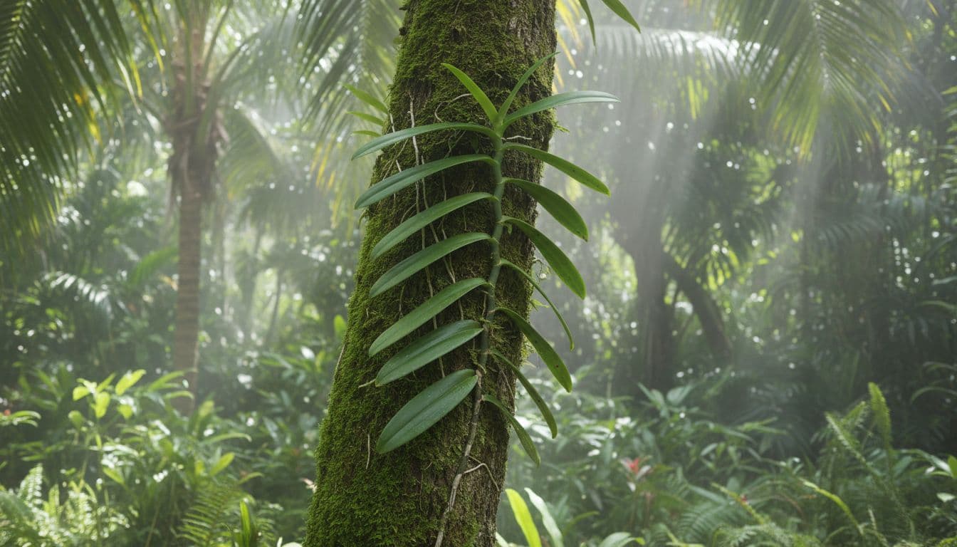 Healthy vanilla orchid vine climbing a mossy tree trunk in a humid South Florida garden, featuring lush green leaves, thick stems, dappled sunlight through palm leaves, and tropical ferns.