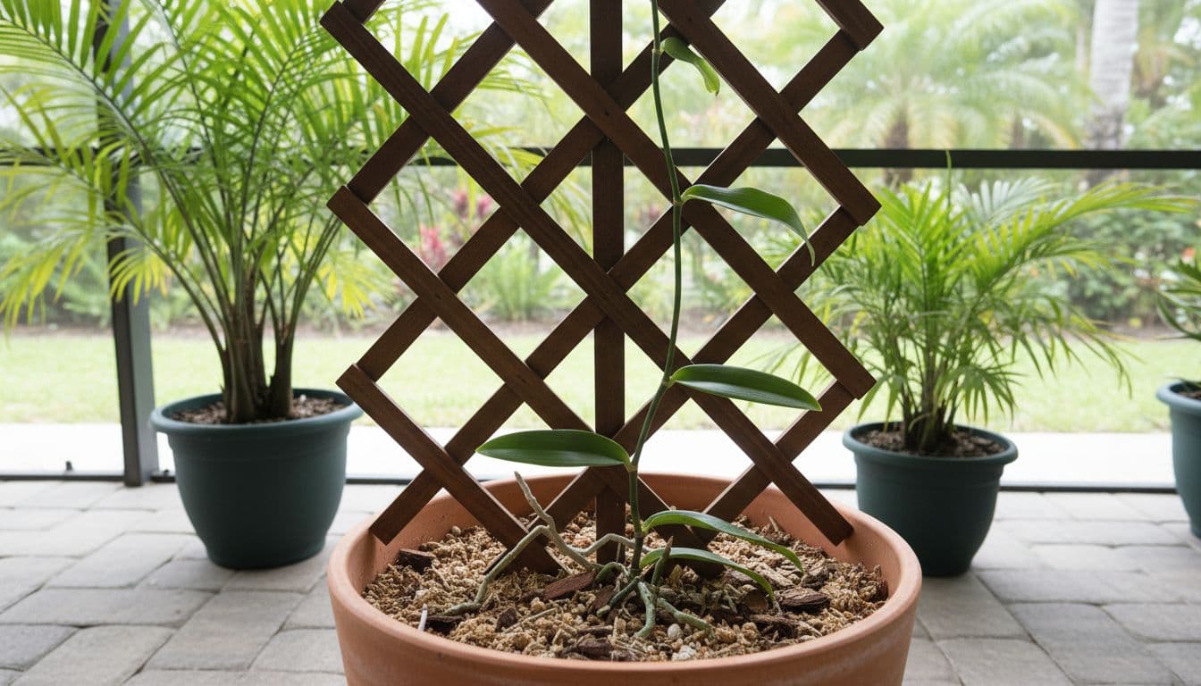 Vanilla orchid plant in a large container with sturdy wooden trellis, airy bark potting mix, on shaded Florida lanai with potted palms background, healthy green vine climbing in bright indirect light.